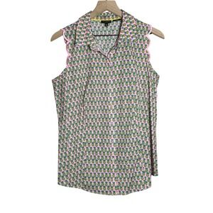 Talbots Womens Non Iron Shirt 10 Pink Pineapple Print Scalloped